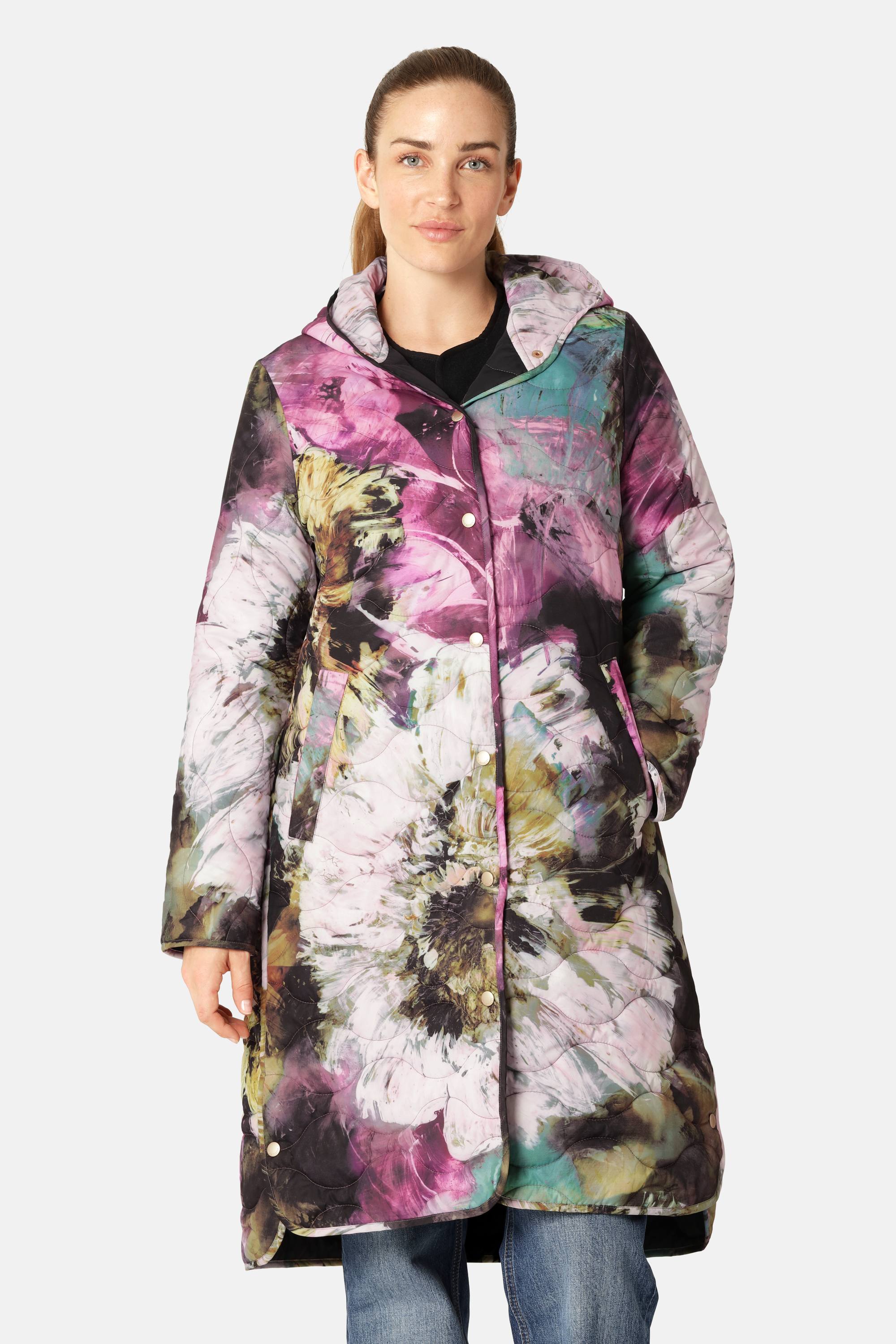 Lang Quiltet Frakke - Artistic Flower Print